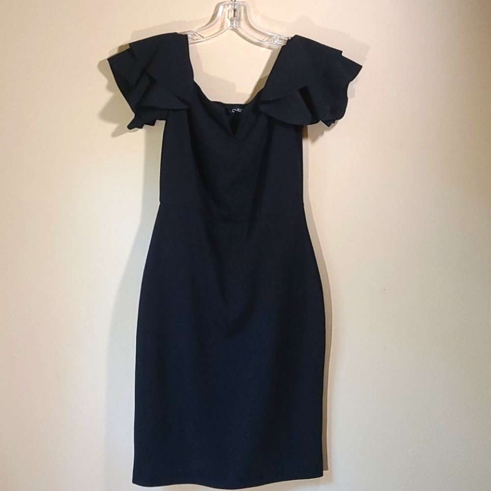 Black ruffle sleeve mid length cocktail dress